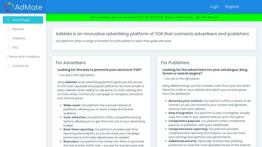screenshot of AdMate - Ultimate ads platform of TOR - Partners - https://admate3mlwtij7d5kmtojd67pgmp6xd6xqxk7xd3h5uwmniznzt3wnid.onion.jump.black/partners
