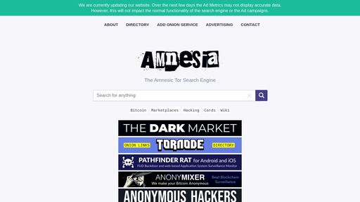 screenshot of Amnesia - The Amnesic Tor Search Engine - amnesia7kx7gcdhuaykmlv5jdget57kbeplowfeezjnwdt67jrehgnid.onion.jump.black