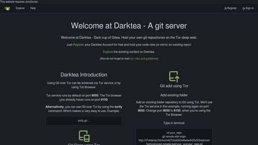 screenshot of Darktea: Dark cup of Gitea (Gitea on the Dark Web) - it7otdanqu7ktntxzm427cba6i53w6wlanlh23v5i3siqmos47pzhvyd.onion.jump.black