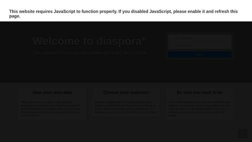 screenshot of diaspora* - diasporg5tj4xz5mxkd5qnrppo7tbb6ynk2gtmjw5lmz6mtbesj3k6id.onion.jump.black