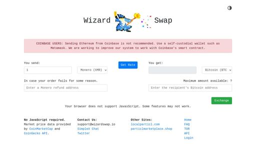 screenshot of exchange bitcoin, monero, ethereum, zcash, dash, litecoin, particl, pivx, firo, no registration - wizardswap.io - wizardswgtu2ovor7r2esg3cxdpt7tv4nrugi32lldv53zmtonbz6sid.onion.jump.black