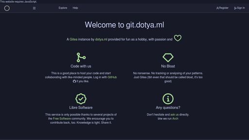 screenshot of git.dotya.ml - 2crftbzxbcoqolvzreaaeyrod5qwycayef55gxgzgfcpqlaxrnh3kkqd.onion.jump.black