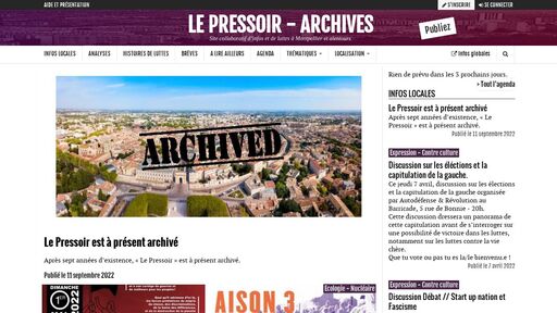 screenshot of Le Pressoir - Archives - Site collaboratif d'infos et de luttes à Montpellier et alentours - z2z37bzzoq7g6uzbrrew6ooy6v64qmlah2p75tsyzkufsrx5adu5daad.onion.jump.black