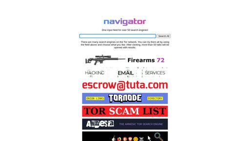 screenshot of Navigator — 50 search engines in one! - navigatorf3jbtpd65e6dobehgbcz6erpzwhzffuylgiqg4hcornygad.onion.jump.black