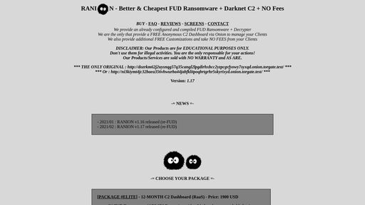 screenshot of RANION - Better and Cheapest FUD Ransomware + Darknet C2 + NO Fees - dozrkm62j2uysnqg57q35cangl2lpgdirhxbcc2yzpcgvfyowy7syxqd.onion.jump.black