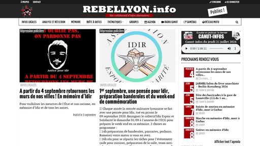 screenshot of Rebellyon.info - Site collaboratif d'infos alternatives - e7nkzth74kcn6j54u6a75pbh2q2yxjsyramuta5z7seix26gnpsq36ad.onion.jump.black