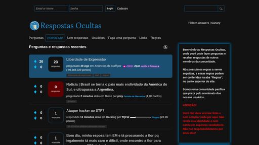 screenshot of Perguntas recentes em Darknet e Tor - Respostas Ocultas - https://xh6liiypq2vspireykiwdbut3np6bngboc2sfkilvhzp3t6zx3apdpqd.onion.jump.black/index.php/questions/darknet-e-tor?start=280