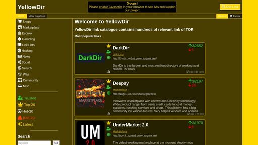 screenshot of YellowDir - Yellow label websites of TOR - thkdqidwl6nun2viedkvojon445obvjbodllqo6ifw3ysqhvveajafid.onion.jump.black